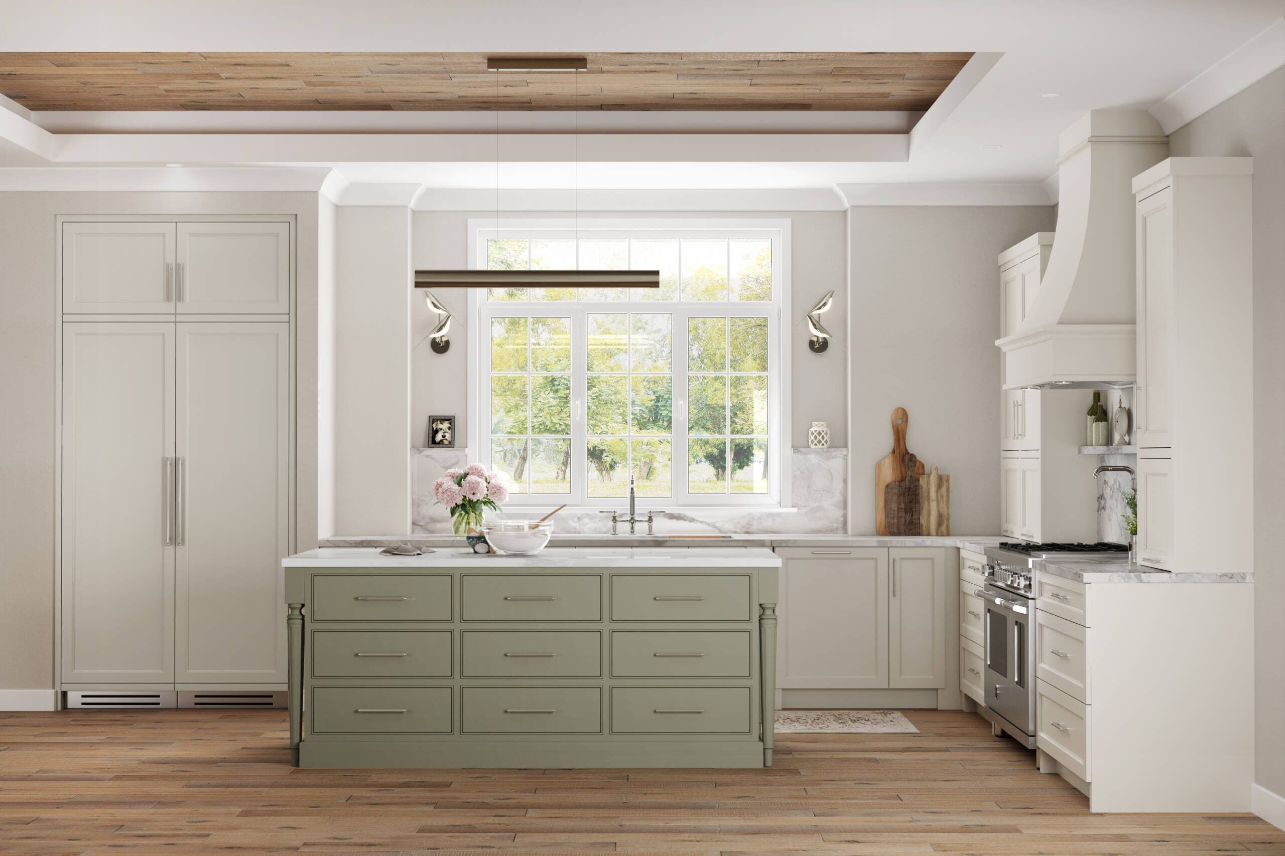 Natural elegance kitchen design with soft taupe cabinets and quartz