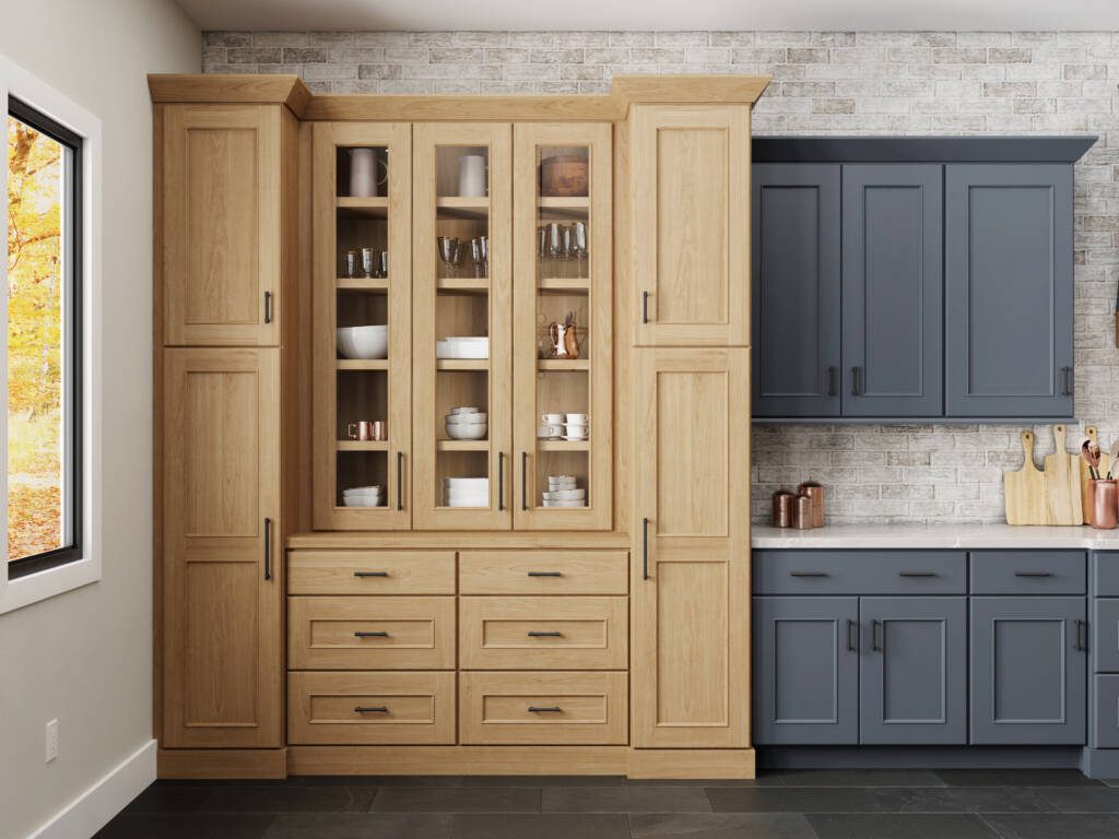 Modern Heritage -Southlake’s trusted luxury remodeling experts Full-height white oak china cabinet with glass doors – custom cabinetry