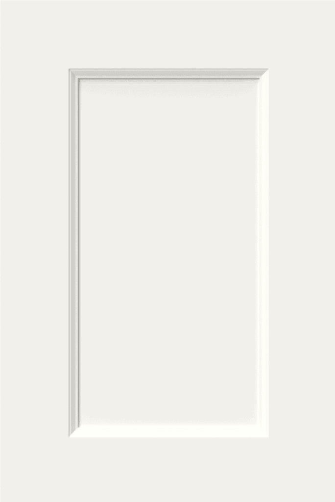 Whisper White cabinet door in soft cool-toned white finish for luxury kitchen cabinetry in Westlake Texas