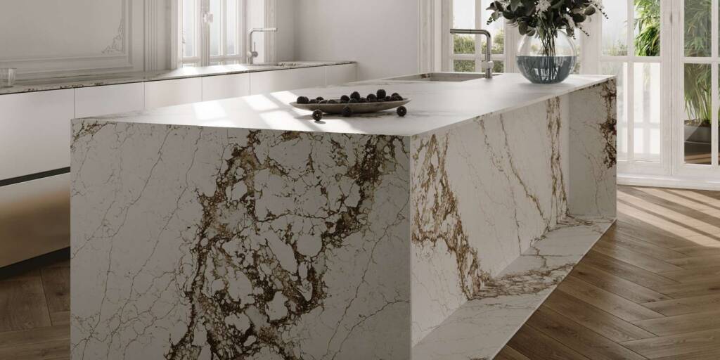 Custom marble island countertop with waterfall edge Southlake TX