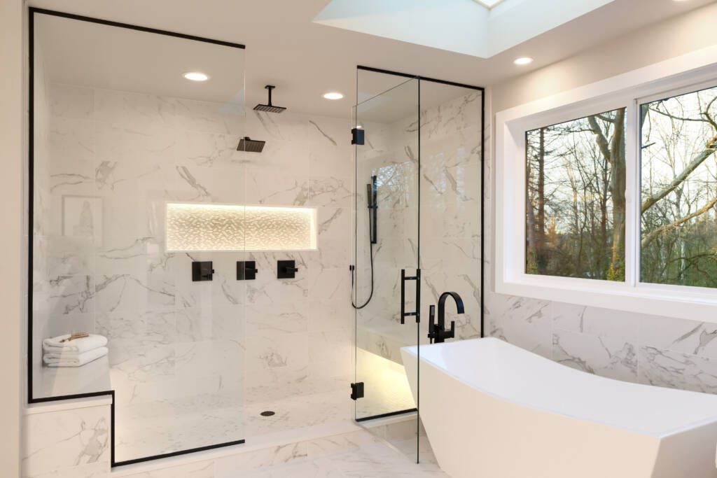 Modern luxury bathroom remodel Southlake TX with marble and frameless glass shower