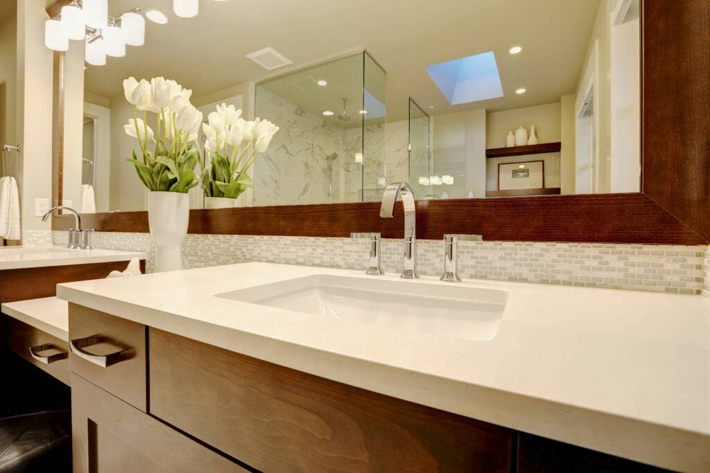 Custom quartz vanity with chrome fixtures – Southlake luxury bathroom