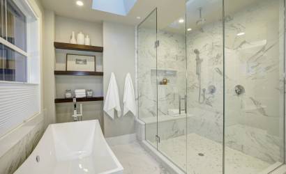 Luxury frameless glass shower with marble walls Southlake TX