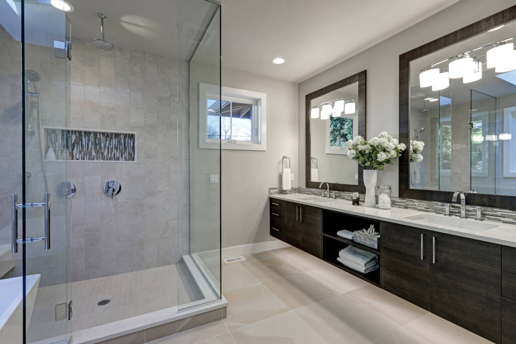 Matte black fixtures complementing modern Southlake bathroom design