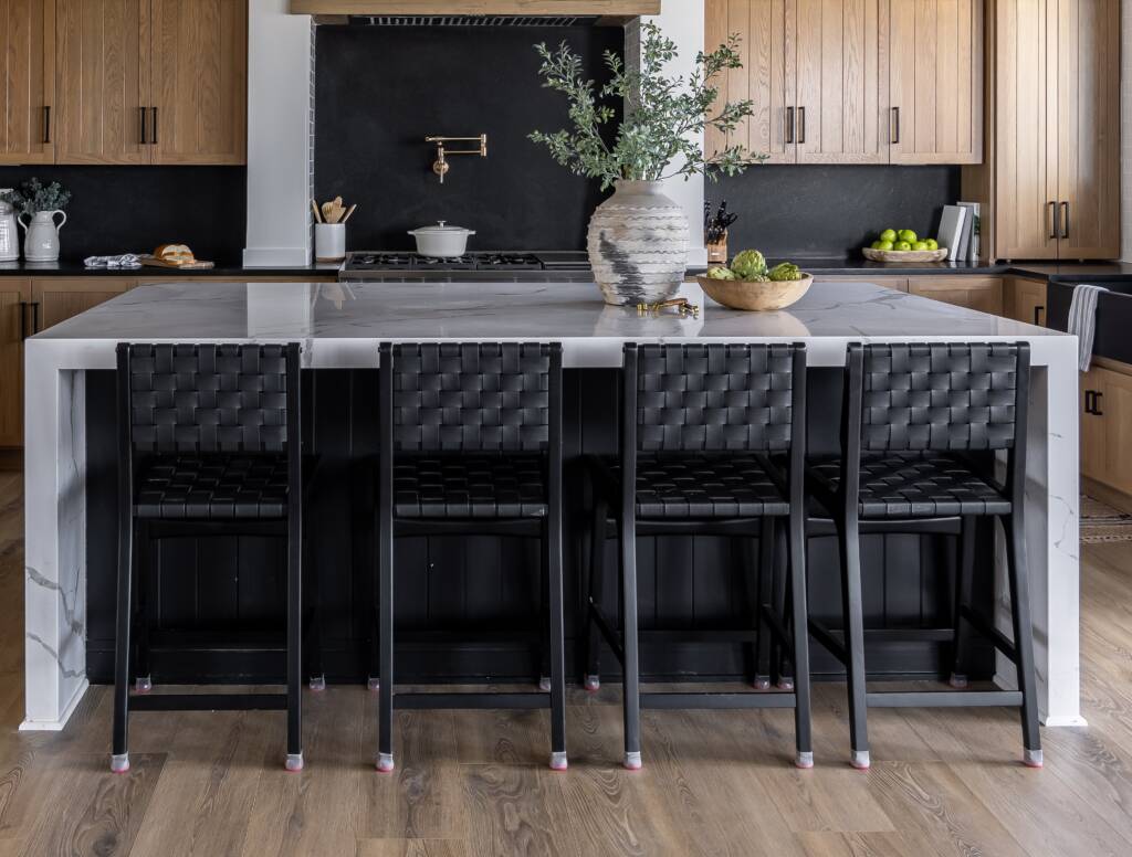 Rustic Elegance Meets Modern Functionality -Southlake’s trusted luxury remodeling experts Custom slim shaker cabinetry and waterfall-edge marble island in Southlake kitchen