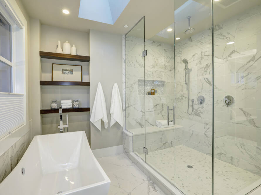 Luxury frameless glass shower with marble walls Southlake TX