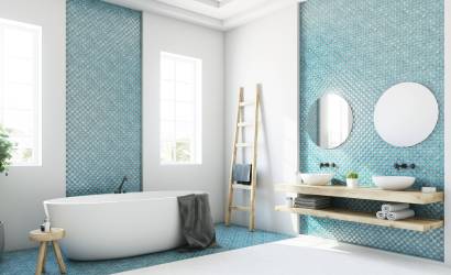 Blue mosaic bathroom design Colleyville – vibrant tile and brushed fixtures